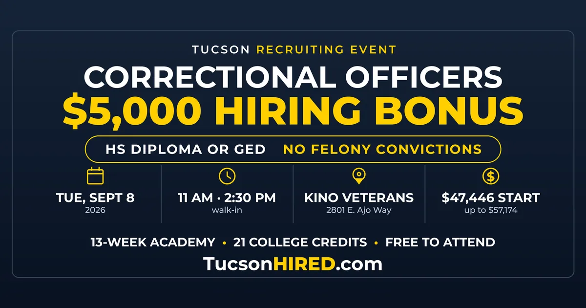 Correctional Officer Recruiting Event Tucson Sept. 8: $5,000 Hiring Bonus