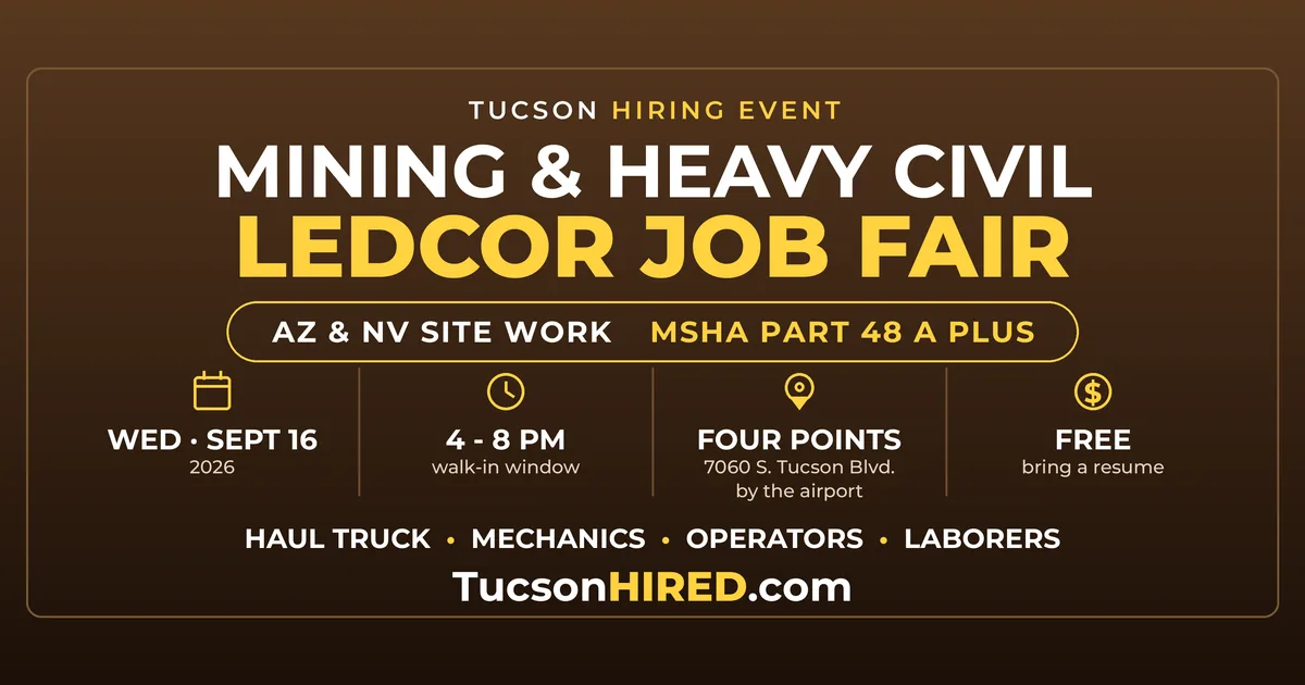 Ledcor Job Fair in Tucson Sept. 16: Haul Truck Drivers, Mechanics and Operators Wanted